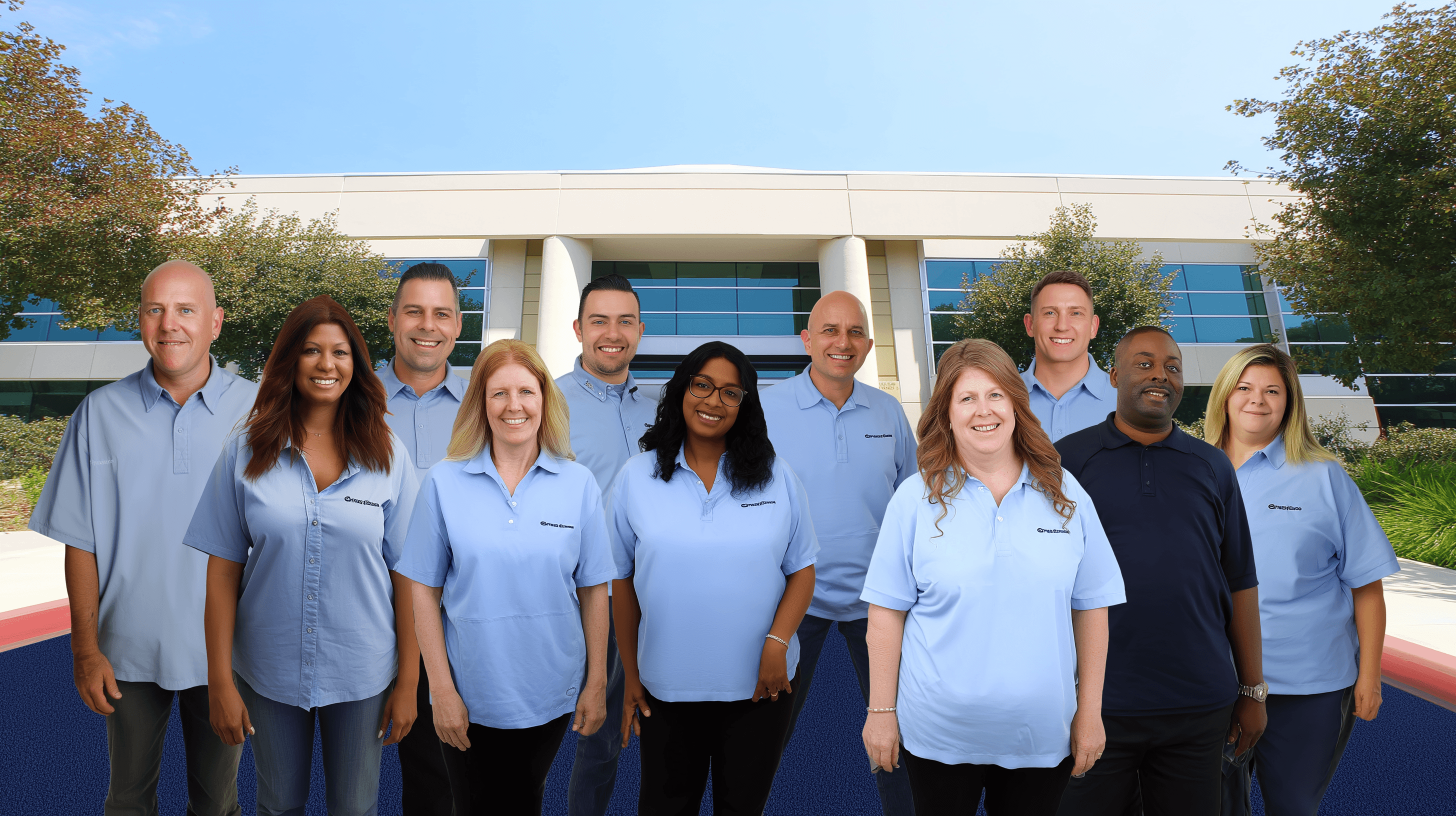 Staff group photo near company office